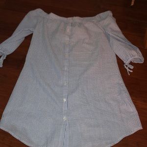 Off the shoulder seersucker shirt dress